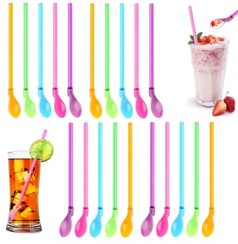YIPFEN 20 pajitas con cuchara reutilizables 2 en 1 pajitas con cuchara coloridas para granizados refrescantes, bubble tea, latte macchiato, batidos, cócteles exóticos
