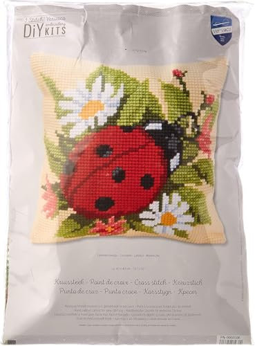 Vervaco Kreuzstich Stickpackungen Kissen Stickerei Set Anfänger Vorgedruckt Marienkäfer DIY Set Kreativ Set Für Erwachsene Dekoratives Kissen ca. 40 x 40 cm Bastelset Handwerker Haus Dekoration