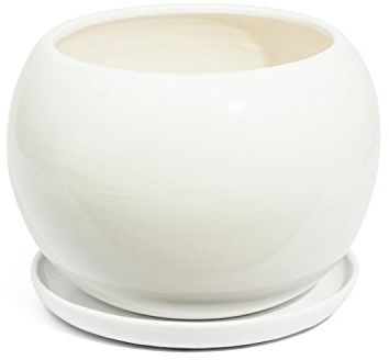 Keramisk blomkruka unik kula handmålad D 150 mm vit inkl. underlägg, Krukor, Kruka Inomhus