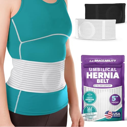 BraceAbility Umbilical Hernia Belt - Abdominal Binder Truss with Compression Pad for Belly Button, Navel, Ventral, Epigastric, Hiatal Hernia Relief, Surgery Brace for Men or Women (L/XL 5 White)