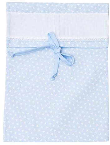 Filet - Sacchetto Porta Corredino con Fascia in Tela Aida 55 Fori da Ricamare, Realizzato in Piquet di Cotone Colorato Stampa Trifogli Bianchi, Made in Italy, Colore Cielo
