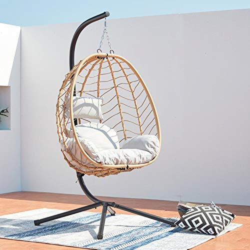 CONCEPT USINE | Fauteuil Suspendu Beige en Rotin Naturel | Design Lima | Structure en Acier | Coussin Déhoussable | Revêtement en Poudre | Hamac Balançoire sur Pied terrasse Jardin | Résiste à l'eau