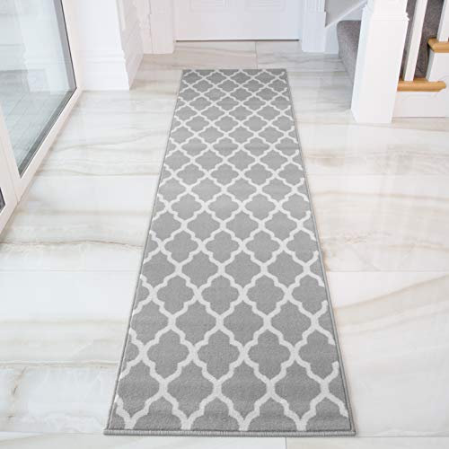 Grey Geometric Trellis Runner Durable Stain Resistant Moroccan Hallway Landing Bedroom Kitchen Area Transistional Rug 60cm x 240cm