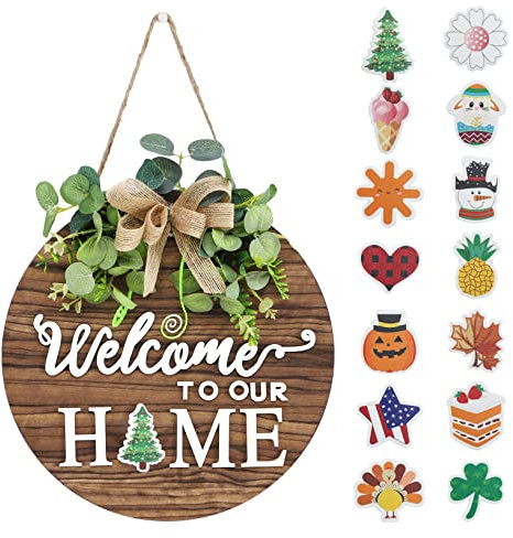 Cartel de bienvenida de temporada intercambiable, decoración de puerta frontal, corona circular de madera antigua rústica para colgar en la pared al aire libre, granja, porche, sala de estar,
