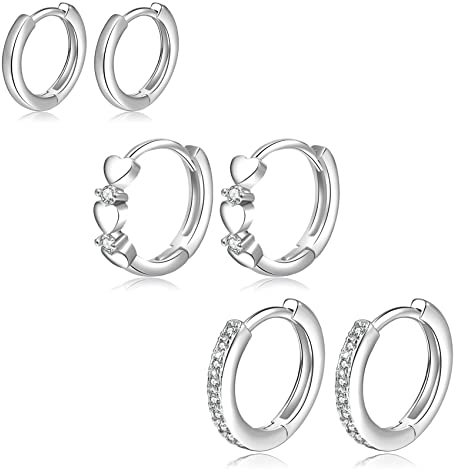 Creolen aus Sterling-Silber 925, klein, 3 Paar, Creolen, hypoallergen, für Frauen, Mädchen, Schmuck, Geschenk, 8 mm/10 mm/12 mm PABBEU, Zirkonia Diamant