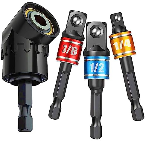CIGOTU Impact Grade Socket Adapter Set - 3 Pcs Extension Drill Bit Socket Wrench Adapter for Impact Driver 1/4 3/8 1/2 Drive, 105 Degree Right Angle Drill Attachment for Household Workplace Industry