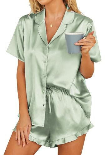 Hotouch Pigiami Due Pezzi Donna Pigiama a Manica Corta Scollo a V Comodo Chiaro Verde L