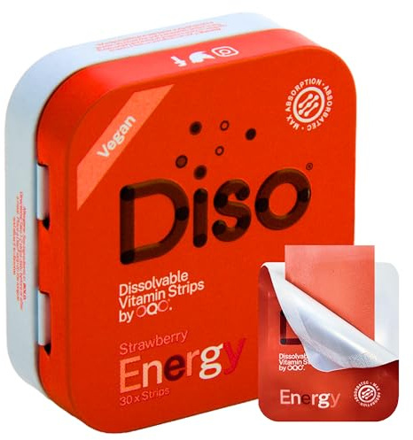 Diso® Energy Caffeine Supplement | High Strength Dissolvable Strips with Vitamin B5, B6, B12 & Vitamin E | Alternative to Tablets, Gummies & Energy Drinks | Support Focus & Fatigue | 30 Days