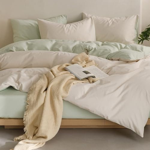 Sedefen Bettwäsche 200x200cm Baumwolle Renforce Weiß Grün Wendebettwäsche Uni Unifarben Baumwollbettwäsche Set,Doppelbett Bettbezug und 2 Kissenbezug 80x80cm,mit Reißverschluss