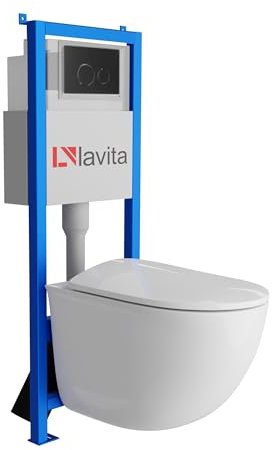 Lavita LAV 101 bâti-support pour WC 40 cm + WC suspendu à montage mural à fond VITO blanc sans rebord + Plaque de commande LAV 200.4.4 Noir | Ensemble complet | Réservoir encastré | Ensemble complet