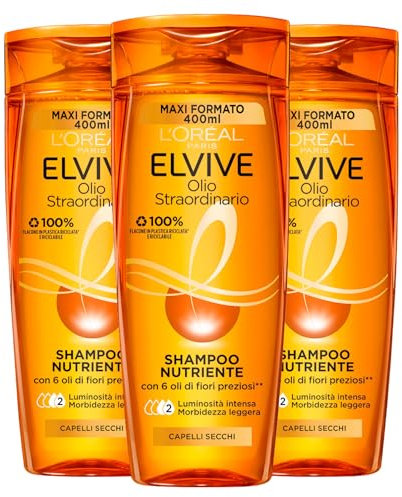 L'Oréal Paris Elvive Olio Straordinario Shampoo Nutriente con 6 Oli di Fiori Preziosi per Capelli Secchi e Spenti - 3 Flaconi da 400ml