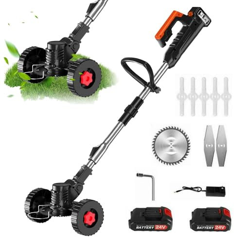Desbrozadora eléctrica inalámbrica de 24 V, corte de bordes inalámbricos, desenrollador de batería eléctrica con batería y 3 cuchillas, cabeza giratoria de 90 ° con ruedas, para jardín podado