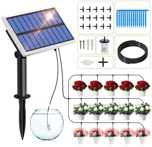 RAINPOINT Solar Bewässerungssystem Garten, Anti-Siphon, Automatische Solar Bewässerung mit 1200 mAh Akku, 6 Timing-Modi, DIY Tropfbewässerungset für 15 Balkon- und Gewächshaus-Topfpflanzen