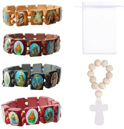 RELKLYU 4 Stücke Jesus Armbänder Und 1 Stück Kreuzarmband Mit 1 -Stück -Netzbeutel, Holzarmband, Kreatives Designarmband, Geschenkarmband.