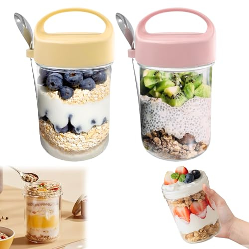 jinminamz Overnight Oats Gläser mit Deckel,Tarro De Conservas con Tapa De Rosca 400 Ml Tarro Meal Prep para Mermelada Casera Tarro De Cristal con Cuchara Comida, Encurtidos, Conservas(2pcs)