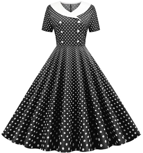 Festklänningar för kvinnor UK vintage 1950-tal polkaprickiga tryckta klänningar kortärmade dubbelknäppta klänningar A-linje swing fåll midi-klänning elegant Audrey Hepburn cocktail aftonklänning vår