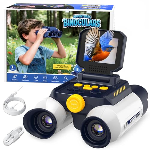 Ahalfcit-Binocolo Bambino con Fotocamera, Funzione di Visione Notturna a Infrarossi, Telescopio per Bambini 10x25, adatto a Bambini dai 4 anni in su per Birdwatching, Campeggio, Escursionismo(Bianco)