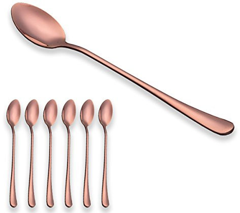 Berglander Titanium Roségold Vergoldet Langer Griff Edelstahl Eislöffel, Latte Löffel, Cocktail Rührlöffel, Soda Löffel, Kupfer Farbe, 6er Pack