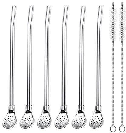 EvaGO Pailles réutilisables en acier inoxydable avec filtre cuillère, 6 pailles Yerba Mate Tea Bombilla avec 2 brosses de nettoyage, longueur 18 cm