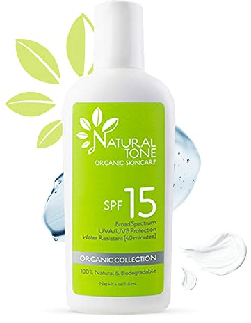SPF15 Broad Spectrum Natural Sunscreen, Soothing & Hydrating Sunscreen Lotion, Plant-Based Sun Block, Water-Resistant Sun Screen Protector for Face and Body, 118ml - Natural Tone Organic Skincare