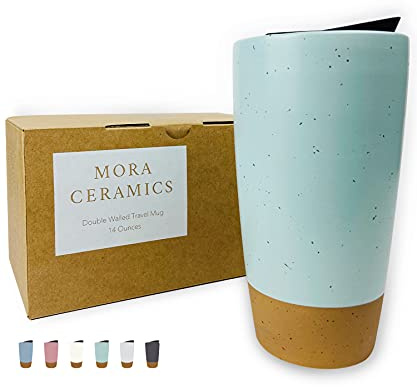 Mora Double Wall Ceramic Coffee Travel Mug with Lid, 14 oz, Portable, Microwave, Dishwasher Safe, Insulated Reusable Tall Cup, Splash Resistant Lid - To Go Tumbler for Car Cup Holder, Seafoam