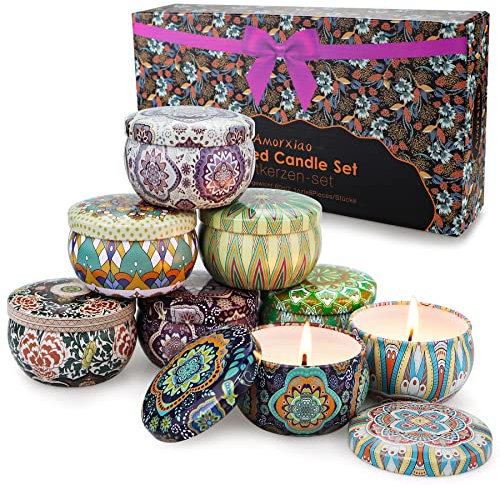 Scented Candles Gift Set 8 Pack Natural Soy Wax Candles in Decoration Tin with Essential Oil Relaxing Perfume for Room Aromatherapy Gifts for Women Mum Friends Birthday Mother's Day