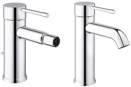 GROHE 32935001 Essence New Single-Lever Bidet Mixer Tap with Drainage Fitting - Chrome + Grohe Single-Hand Sink Battery, DN 15 Smooth Body, Grey, 23590001