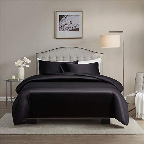 Chanyuan Silky Satin Duvet Cover Sets Double Black Solid Color Smooth and Glossy 3 Pieces 100% Gloss Shiny Satin Polyester Quilts Set For 4 Seasons