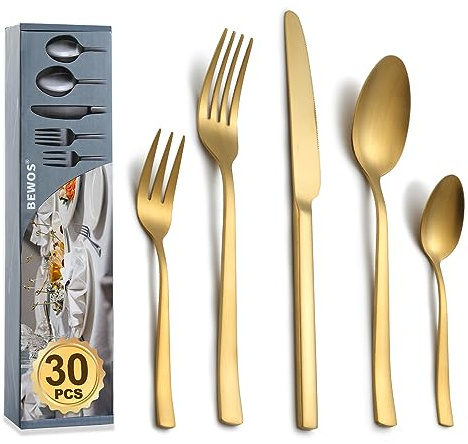 BEWOS 30-delars set i matt guld för 6 personer. Rostfritt stål med knivar, gafflar, skedar. Högre glans, diskmedelssäkert