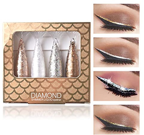 Tongyend Glitter Eyeliner Liquid to Eyeshadow,Diamond Mermaid Waterproof Eyeliner,Liquid Eyeshadow 4 Coloured Set Quick Dry Shimmer White Silver Gold Beauty Cosmetics Makeup For Women-A, 1, 1.5 gram