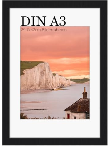 UHOUSEST Marco de Fotos A3 de Madera, 29,7 x 42 cm, Negro Con Paspartú, Para Montaje en Pared Vertical, Marco de Póster