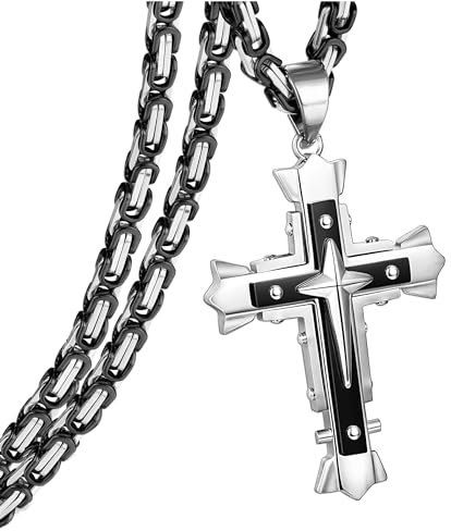 CASSIECA Kreuz Kette Herren Edelstahl Byzantinische Kette Mit Anhänger - Halskette für Jungs Und Männer - Jesus Kreuz Mit Königskette Schwarz 71cm