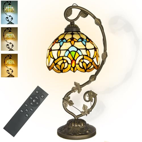 JHuiLap Tiffany Stained Glass Lamp with Remote Control, Stepless Dimming & 3 Color Temperature Adjustment, 8 Inch Metal Leaf Base Included LED Bulb for Bedroom Living Room (Yellow Baroque)