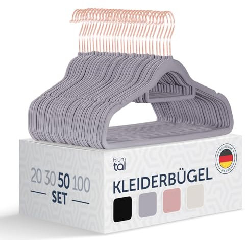 Blumtal Kleiderbügel 50 Stück - Kleiderbügel Samt 360° drehbar und belastbar - Kleiderbügel platzsparend und rutschfest - Kleiderbügel Grau mit Samtbezug - Samtbügel - Kleiderbügel Samt Grau - Bügel