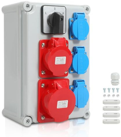 Joparri Distributore di corrente da parete, 3 x 16 A/230 V/IP44 Schuko, distributore di corrente da costruzione a 5 poli, con interruttore, tubo in gomma, alimentazione di corrente, presa di sicurezza