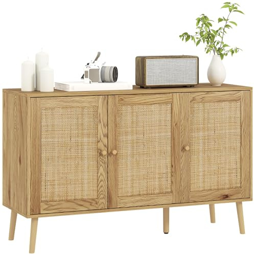HOMCOM Buffet Salon Meuble de Rangement avec placards à Portes en cannage et étagère réglable, pour Salon, Salle à Manger, dim. 120 x 40 x 75 cm, Bois Naturel