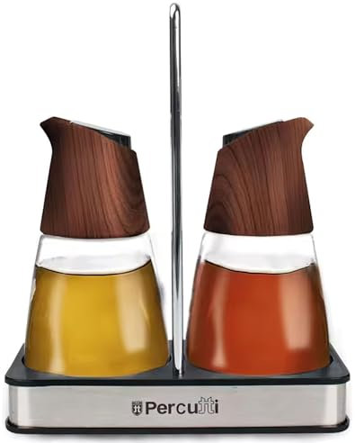Set de Aceitera y Vinagrera con Base, Cristal y Madera, Dispensadores de Condimentos, Diseño Moderno