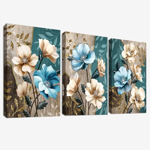 3 Pcs Wooden Framed Canvas Wall Art Canvas Prints Botanical Lotus Flowers Painting Vintage Beige Blue Floral Pictures for Living Room Bedroom Bathroom Hallway Home Wall Decor 150x70cm(20x28x3pcs)