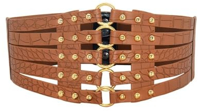 XFSRG Cinturones de Mujer Ancho Cut Out Remaches Corsé Cuero PU Genuino Cintura Ajustable Vintage Elástico Retro para Camisa Vestidos Abrigos Fiesta（Oro）
