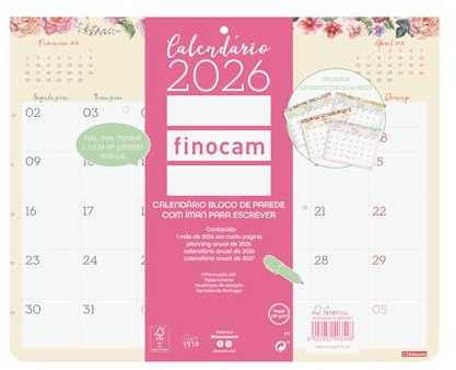 Finocam - Calendrier aimanté Mois Vista Janvier - Décembre (12 mois) | Calendrier magnétique réfrigérateur | Planificateur mensuel Trendy Design - Portugais