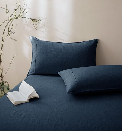 Talasily 100% French Linen Pillow Case Queen Size Set of 2,Oeko-TEX Certified Stone Washed Flax Pillow Shams with Envelope Closure - Breathable & Cooling for Hot Sleepers（Navy Blue,20''x30''）