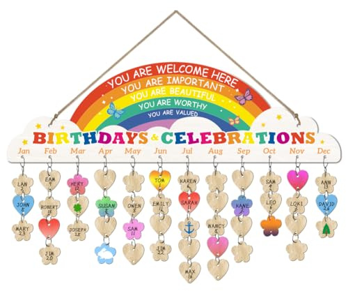 arricraft 1 set di calendario promemoria in legno per feste di compleanno, colorato arcobaleno con 100 etichette per la decorazione della casa
