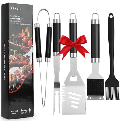 Yekale BBQ Grill Accessories Set, Grill Tools Grilling Accessories Grilling Gifts for Men - Spatula, Fork, Brush, Tongs & Cleaning Brush - Outdoor Barbecue Utensils Gifts for Men Dad Him (Black)