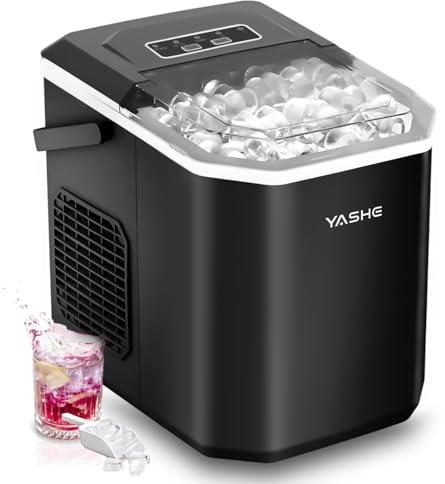 YASHE Máquina de Hielo de Encimera – Cubitos en Forma de Bala en 2 Tamaños, 9 Cubitos en Solo 6 Minutos, Hasta 12 kg de Hielo al Día, Portátil y Autolimpiante con Asa – Ideal para Cocina y Camping