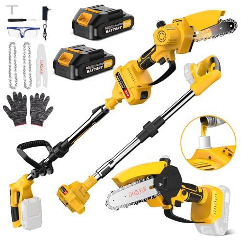 Lmozim 2 EN 1 Motosierra con Batería & Podadora de Altura Inalámbrica Mini Motosierra Telescópica con 2 Baterías Cortador de Ramas Eléctrico con Sistema de Lubricación Cabeza Giratoria para Jardín