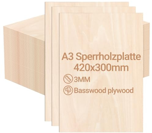 Peviasot Plywoodskiva 3 mm, 420 x 300 mm, 20 stycken lindträskiva, snitt efter pysselträ, för modellbygge, lasergravering, trä, brinnande målning, gör-det-själv oljemålning