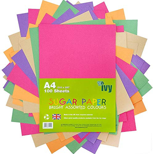 Sugar Paper A4-100 x Bright Coloured Sheets - 100Gsm - 21001 - Made in The UK by IVY Stationery