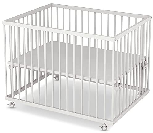 Sämann Laufstall Baby 75x100 cm | TÜV geprüft 2023 | stufenlos höhenverstellbar | Laufgitter Premium | Babybett aus Holz | Krabbelgitter Komplettset weiß