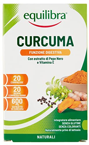 Equilibra Integratori Alimentari, Curcuma con Pepe Nero e Vitamina E, Favorisce la Funzione Digestiva, per la Protezione delle Cellule dallo Stress Ossidativo, 20 Compresse