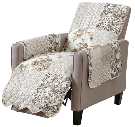 Great Bay Home Reversible Patchwork Recliner Chair Cover - Washable Slipcover Furniture Protector with Elastic Straps - Couch Cover for Dogs, Kids, and Pets - Box-Stitched Detail (Recliner, Taupe)